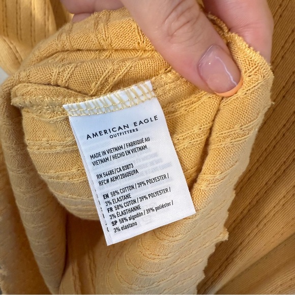 AE Yellow Button V Neck Ruffle Edge Sweater Top Pointelle L - Picture 8 of 9